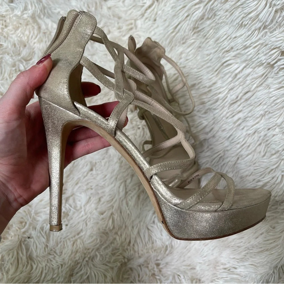 Pelle Moda Gold Strappy Platform Heels sandals back zip closure leather Size 10 - Picture 3 of 12